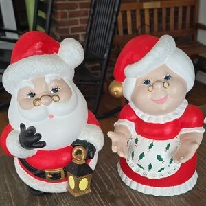 Charming Santa+ Mrs. Claus Figurine Set - Red+White Vintage 70s 11 Inches Tall